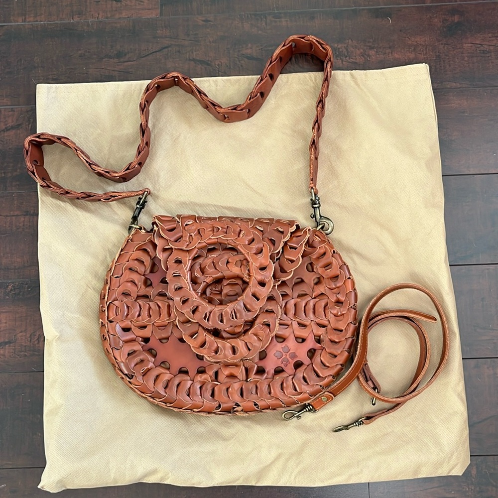 Patricia Nash Woven Leather Ticci Cognac Flapover Crossbody Bag